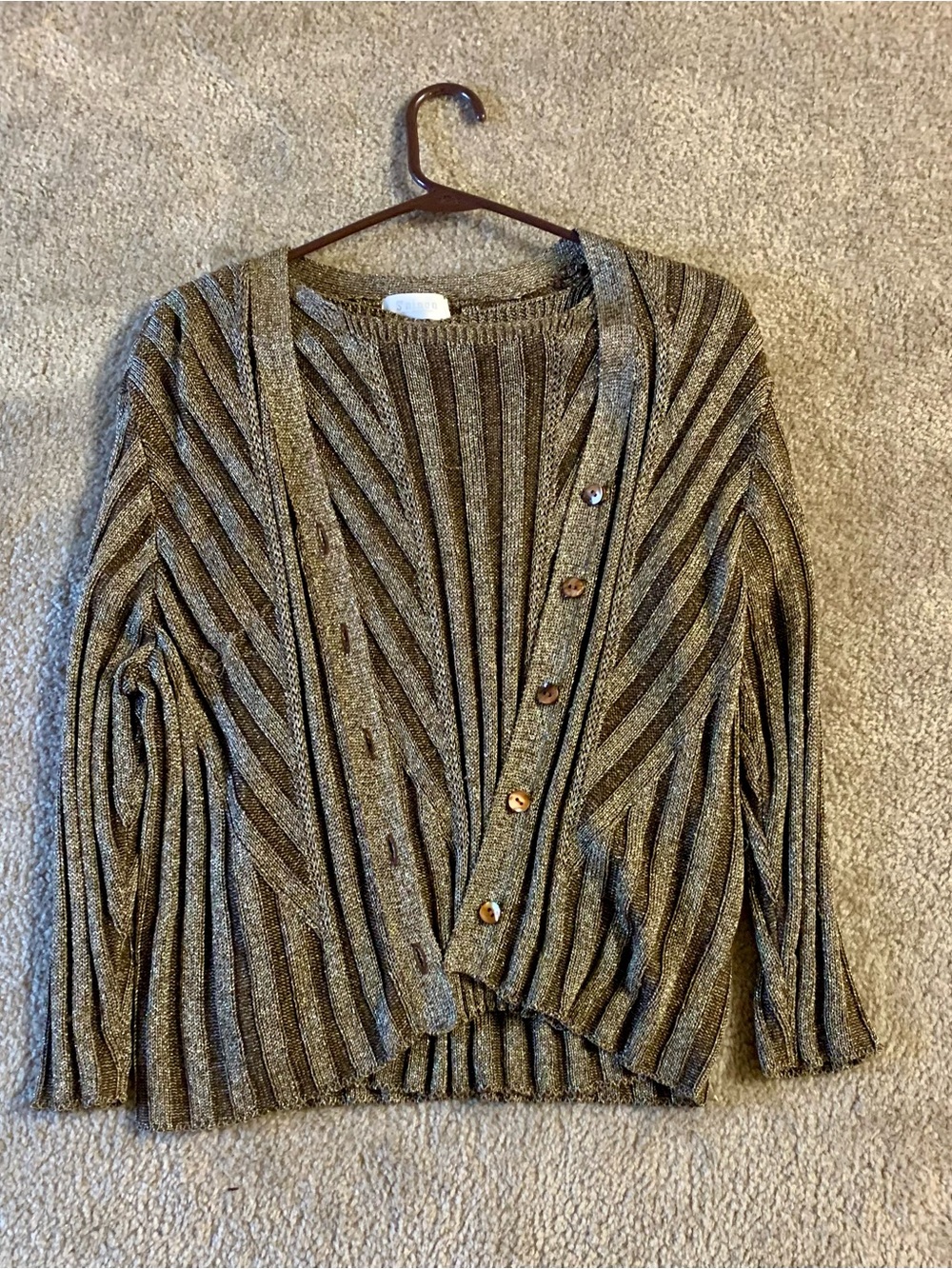 Vintage 80’s Metallic Ribbed Button-Front Cardigan in Gold and brown